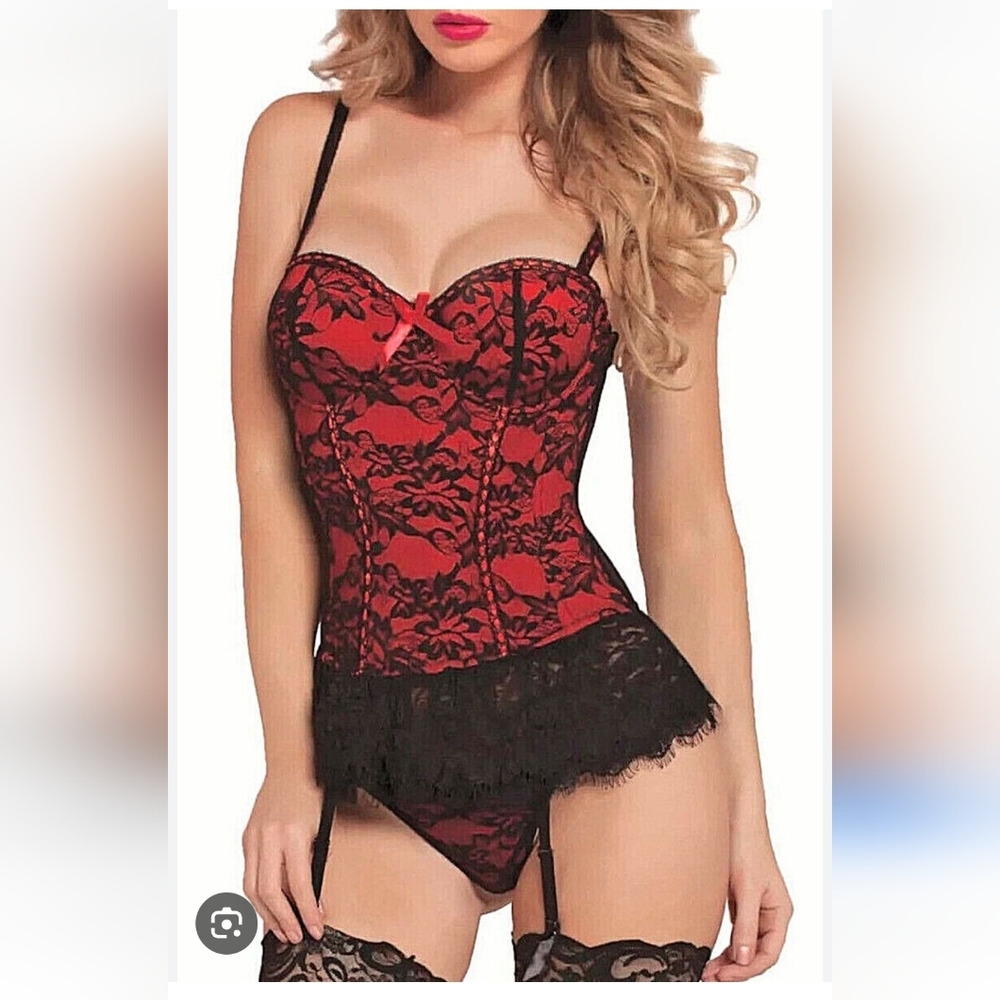 Seven Til Midnight Womens Red And Black Victorian Lace Bustier Size Small